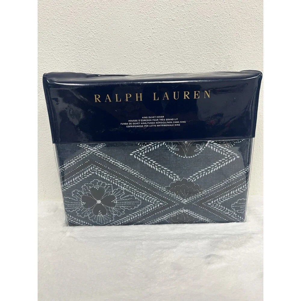 Ralph Lauren King Duvet Cover Francois Geometric Navy Blue 100% Cotton $425 New!